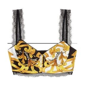 NWOT Versace Barocco Rodeo Print Silk Bralette Top - White/Black/Gold